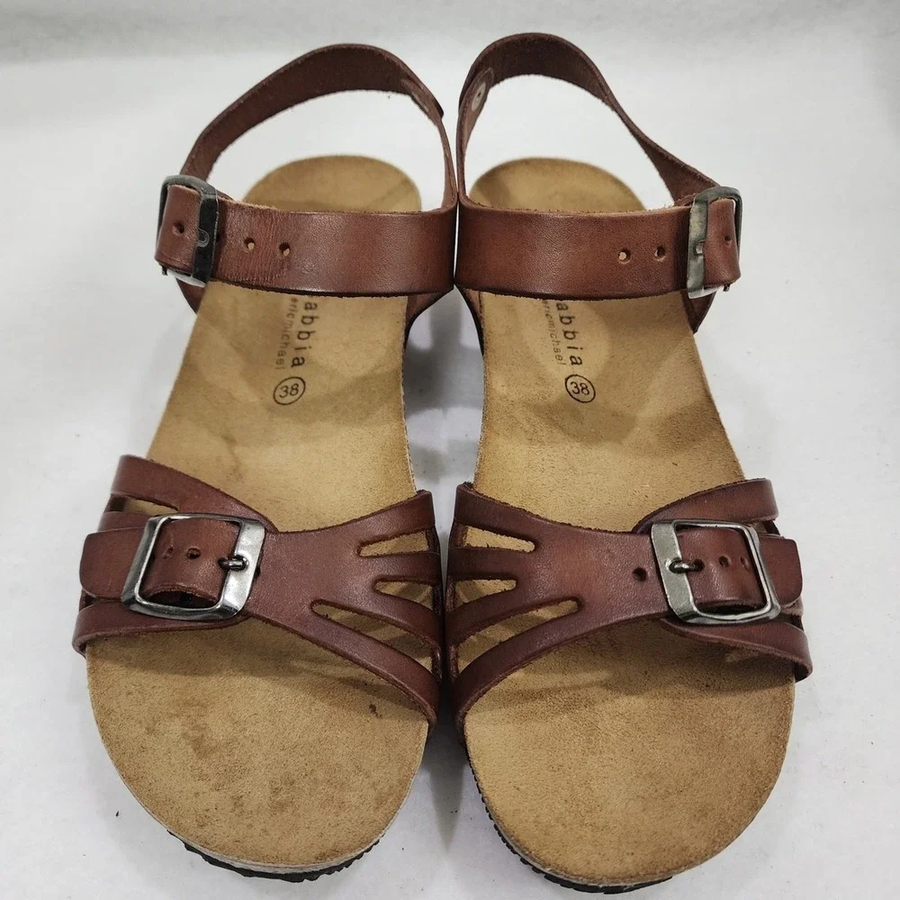 Lola Sabbia Womens Eu 38 Us 7.5 Strappy Brown Leather Buckle Wedge Heel Sandals
